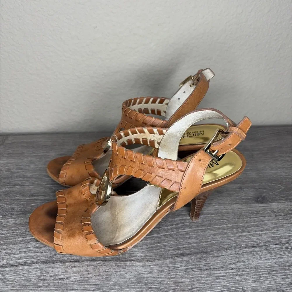MICHAEL KORS Kalle T Strap Womens Brown Leather Heels Sandals 6.5 Whip Stitch